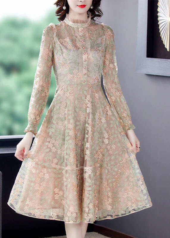 French Beige Stand Collar Embroideried Exra Large Hem Tulle Dresses Spring - republicanstateiFrench Beige Stand Collar Embroideried Exra Large Hem Tulle Dresses Spring - republicanstatei