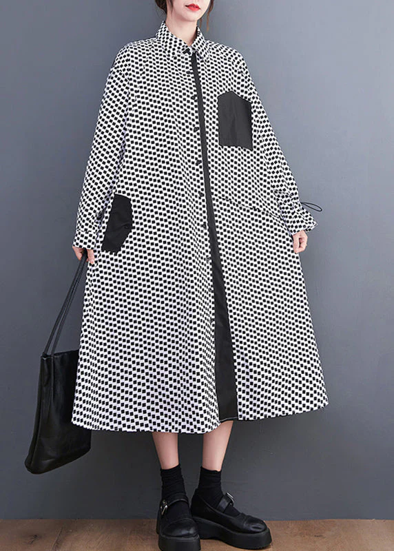 Italian Black Plaid Peter Pan Collar Drawstring Button Holiday Maxi Shirts Dress Fall - republicanstateiItalian Black Plaid Peter Pan Collar Drawstring Button Holiday Maxi Shirts Dress Fall - republicanstatei