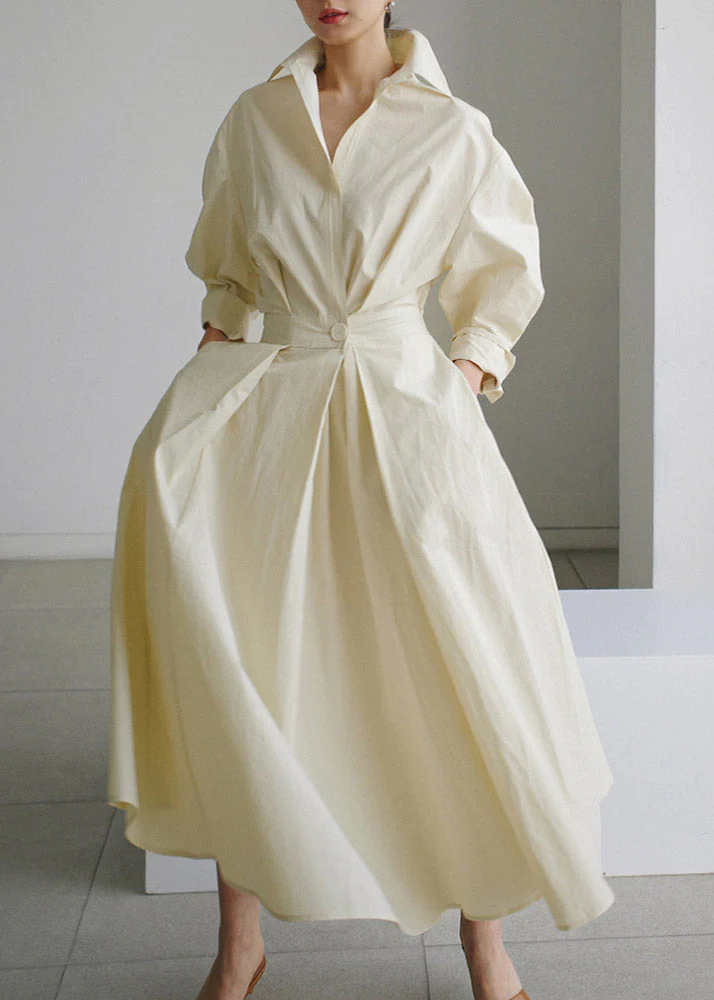 2024 Beige-yellow flower Peter Pan Collar Pockets Cotton Dress Long Sleeve - republicanstatei2024 Beige-yellow flower Peter Pan Collar Pockets Cotton Dress Long Sleeve - republicanstatei