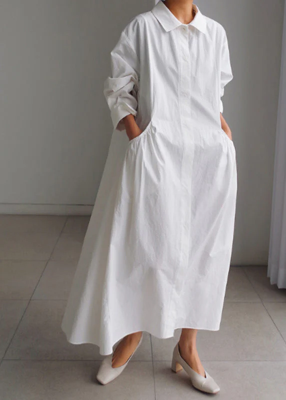 Classy White Peter Pan Collar Cotton Button Pockets Maxi Dress Long Sleeve - republicanstateiClassy White Peter Pan Collar Cotton Button Pockets Maxi Dress Long Sleeve - republicanstatei