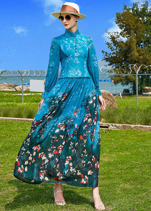 Fine Peacock Blue Mandarin Collar Ruffled Print Chiffon Cinch Dresses Spring - republicanstateiFine Peacock Blue Mandarin Collar Ruffled Print Chiffon Cinch Dresses Spring - republicanstatei