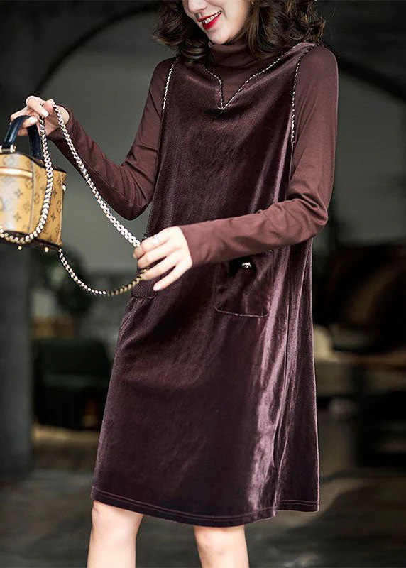 French Coffee Hign Neck Patchwork False Two Pieces Silk Velour Dresses Spring - republicanstateiFrench Coffee Hign Neck Patchwork False Two Pieces Silk Velour Dresses Spring - republicanstatei