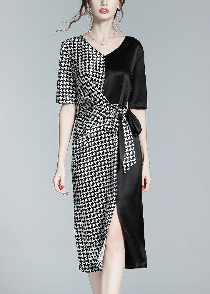 Classy Black V Neck Patchwork Plaid Tie Waist Silk Long Dresses Summer - republicanstateiClassy Black V Neck Patchwork Plaid Tie Waist Silk Long Dresses Summer - republicanstatei