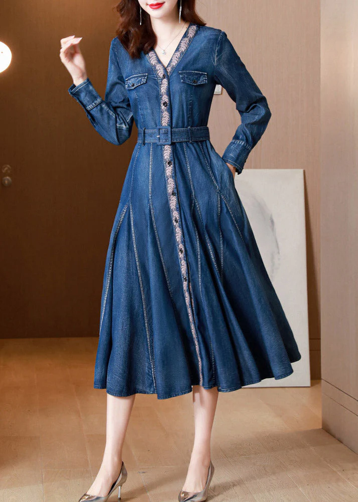 Casual Blue V Neck Print Button Sashes Silk Denim Maxi Dresses Long Sleeve - republicanstateiCasual Blue V Neck Print Button Sashes Silk Denim Maxi Dresses Long Sleeve - republicanstatei