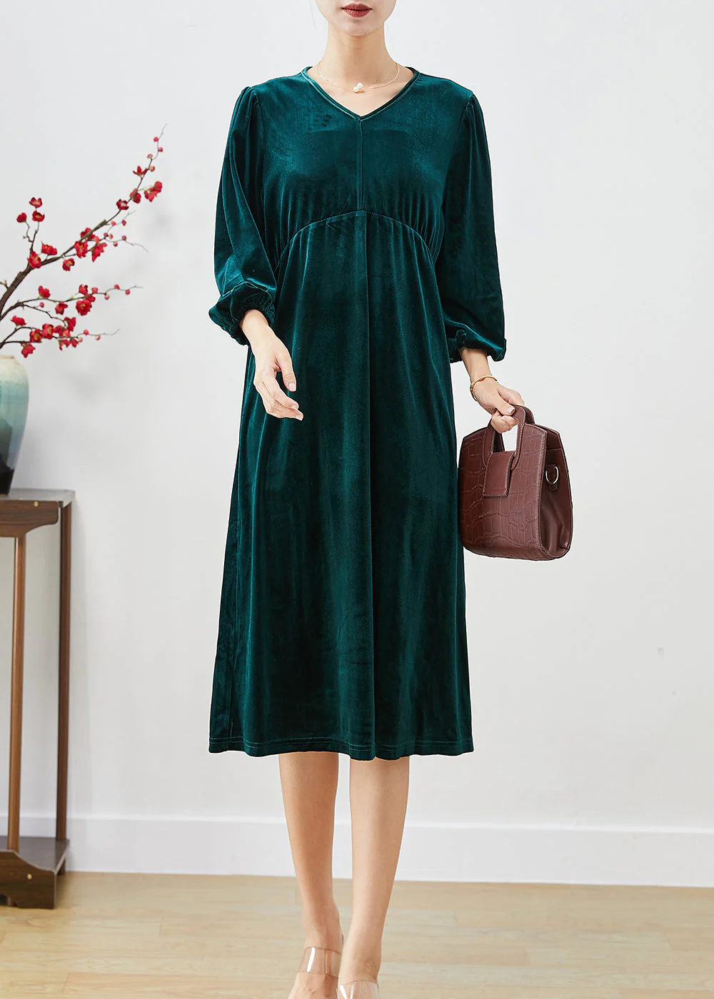 Fashion Peacock Green Oversized Patchwork Silk Velour Holiday Dress Lantern Sleeve - republicanstateiFashion Peacock Green Oversized Patchwork Silk Velour Holiday Dress Lantern Sleeve - republicanstatei