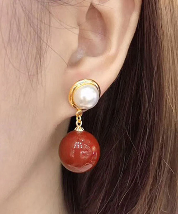 Modern Red Sterling Silver Overgild Inlaid Gem Stone Pearl Drop Earrings - republicanstateiModern Red Sterling Silver Overgild Inlaid Gem Stone Pearl Drop Earrings - republicanstatei