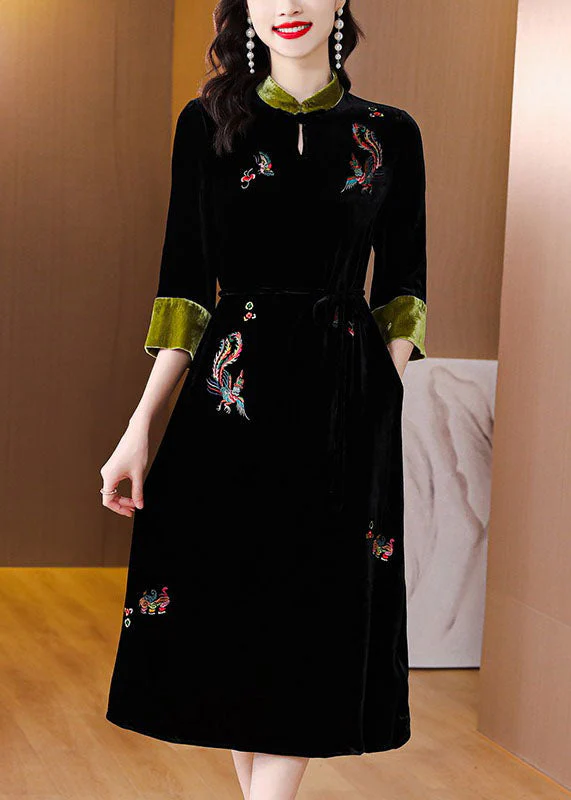 Handmade Black Stand Collar Embroidered Pockets Silk Velour Long Dresses Long Sleeve - republicanstateiHandmade Black Stand Collar Embroidered Pockets Silk Velour Long Dresses Long Sleeve - republicanstatei