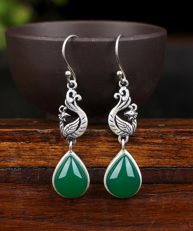 Stylish Green Sterling Silver Inlaid Water Drop Chalcedony Drop Earrings - republicanstateiStylish Green Sterling Silver Inlaid Water Drop Chalcedony Drop Earrings - republicanstatei