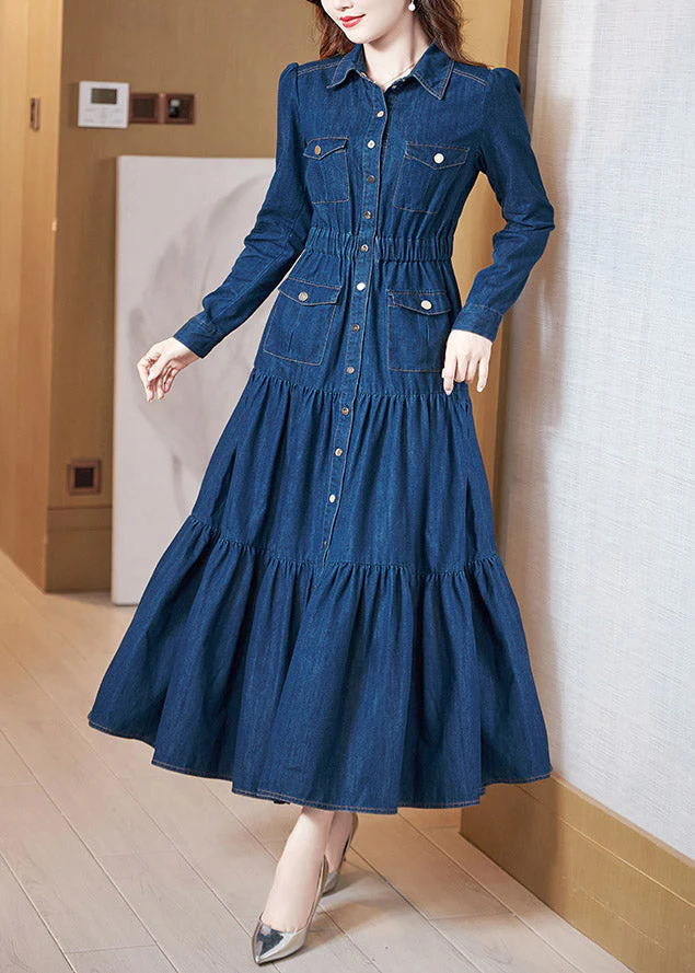 Beautiful Denim Blue Peter Pan Collar Patchwork Wrinkled Tunic Button Cotton Maxi Dresses Long Sleeve - republicanstateiBeautiful Denim Blue Peter Pan Collar Patchwork Wrinkled Tunic Button Cotton Maxi Dresses Long Sleeve - republicanstatei