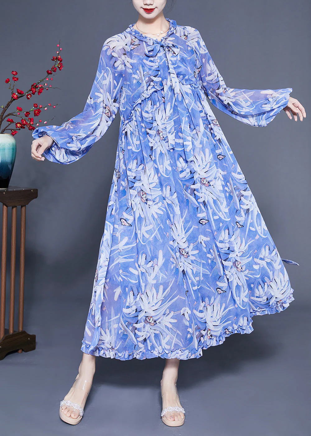 Boho Blue Ruffled Print Exra Large Hem Silk Beach Dresses Lantern Sleeve - republicanstateiBoho Blue Ruffled Print Exra Large Hem Silk Beach Dresses Lantern Sleeve - republicanstatei