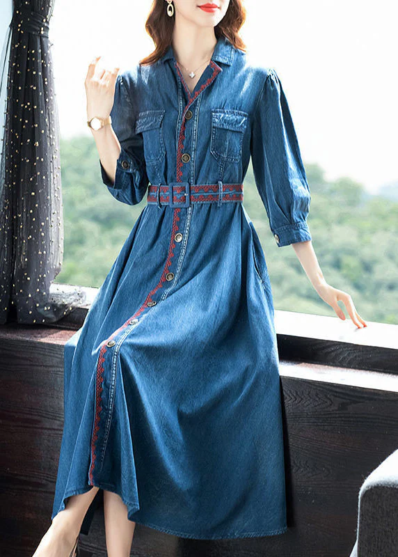 Vintage Blue Peter Pan Collar button Sashes Embroideried Cotton Vacation Dresses Three Quarter sleeve - republicanstateiVintage Blue Peter Pan Collar button Sashes Embroideried Cotton Vacation Dresses Three Quarter sleeve - republicanstatei