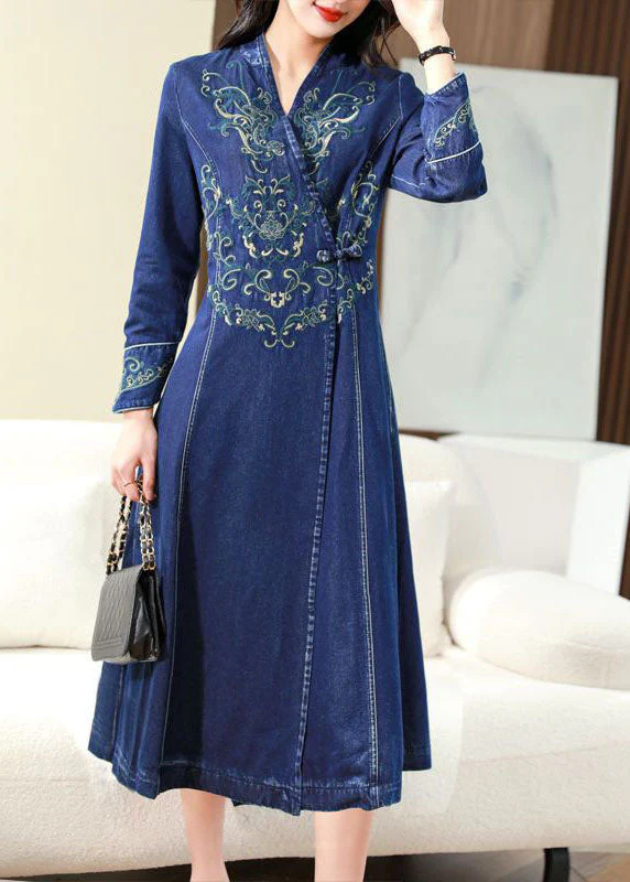 Slim Fit Blue Embroideried Chinese Button Exra Large Hem Denim Dress Spring - republicanstateiSlim Fit Blue Embroideried Chinese Button Exra Large Hem Denim Dress Spring - republicanstatei