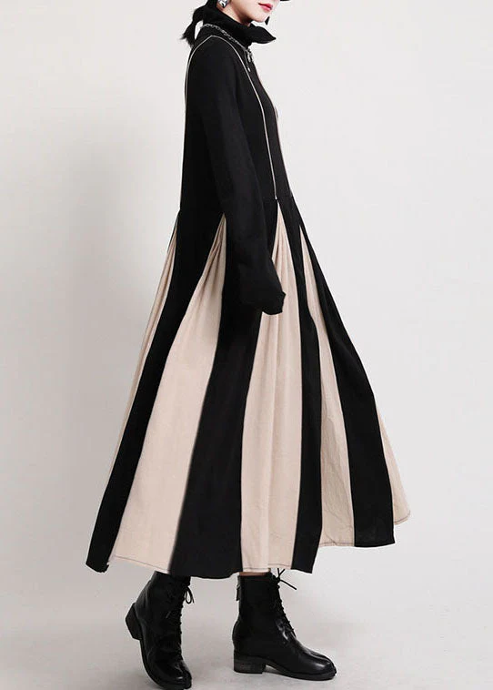 Unique Black Turtle Neck Patchwork Exra Large Hem Cotton Dresses Winter - republicanstateiUnique Black Turtle Neck Patchwork Exra Large Hem Cotton Dresses Winter - republicanstatei