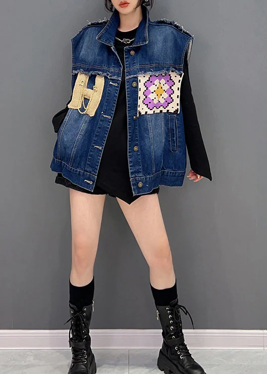 Simple Navy Peter Pan Collar Print Patchwork Button Denim Waistcoat Fall - republicanstateiSimple Navy Peter Pan Collar Print Patchwork Button Denim Waistcoat Fall - republicanstatei