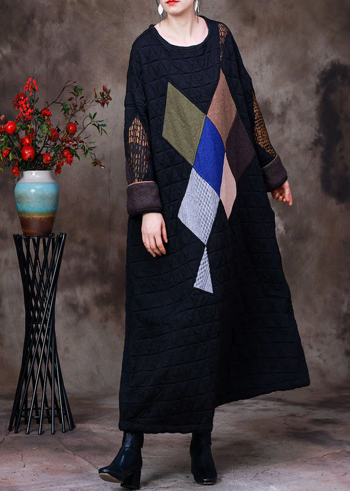 Fine Black O-Neck Oversized Print Fine Cotton Filled Maxi Dresses Gown Winter - republicanstateiFine Black O-Neck Oversized Print Fine Cotton Filled Maxi Dresses Gown Winter - republicanstatei