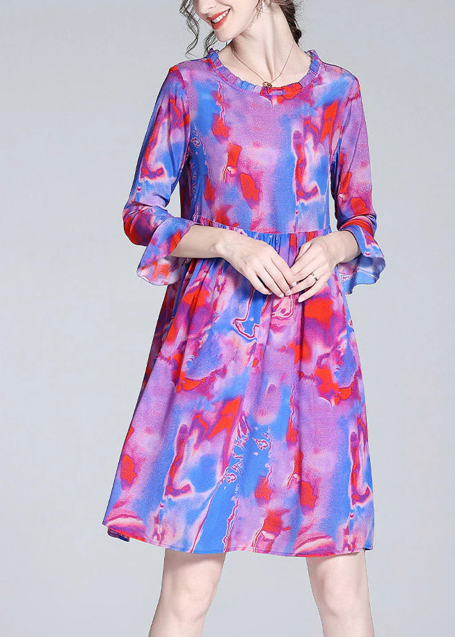 Modern Purple O-Neck Ruffled Print Cinched Silk Mid Dress Flare Sleeve - republicanstateiModern Purple O-Neck Ruffled Print Cinched Silk Mid Dress Flare Sleeve - republicanstatei