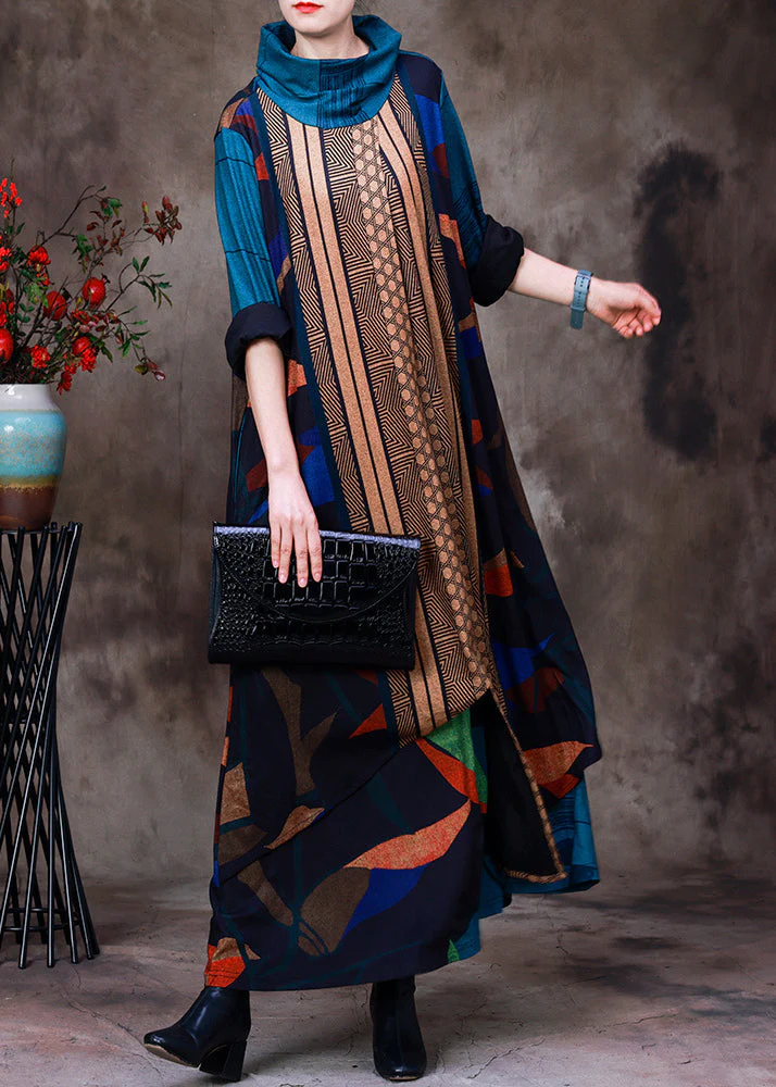 Art Blue Turtleneck Asymmetrical Print Velour Maxi Dresses Long Sleeve - republicanstateiArt Blue Turtleneck Asymmetrical Print Velour Maxi Dresses Long Sleeve - republicanstatei