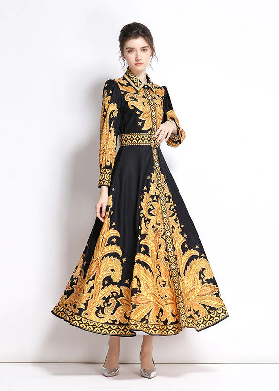 Italian Yellow Peter Pan Collar Print Patchwork Chiffon Long Dress Fall - republicanstateiItalian Yellow Peter Pan Collar Print Patchwork Chiffon Long Dress Fall - republicanstatei
