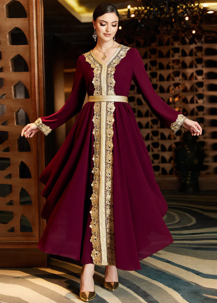 Slim Fit Maroon Asymmetrical Design Lace Patchwork Chiffon Maxi Dresses Long Sleeve - republicanstateiSlim Fit Maroon Asymmetrical Design Lace Patchwork Chiffon Maxi Dresses Long Sleeve - republicanstatei
