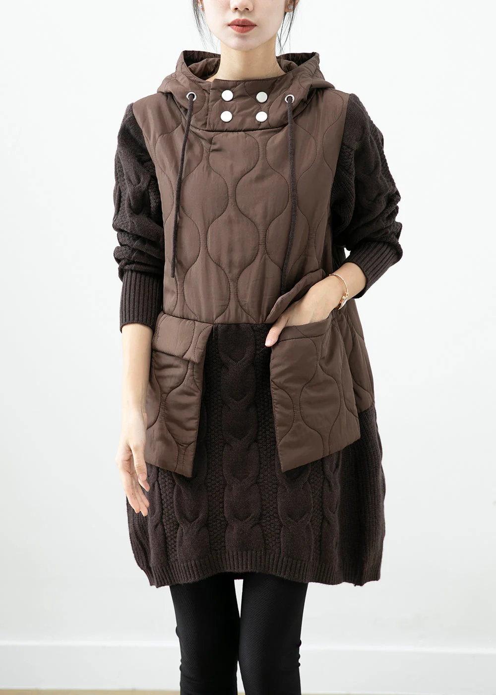 Chocolate Patchwork Knit Warm Fleece Pullover Sweatshirt Dress Hooded Pockets Winter - republicanstateiChocolate Patchwork Knit Warm Fleece Pullover Sweatshirt Dress Hooded Pockets Winter - republicanstatei