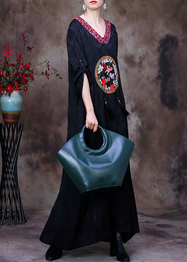 Vintage Black V Neck Butterfly Embroideried Tassel Silk Long Dresses Long Sleeve - republicanstateiVintage Black V Neck Butterfly Embroideried Tassel Silk Long Dresses Long Sleeve - republicanstatei