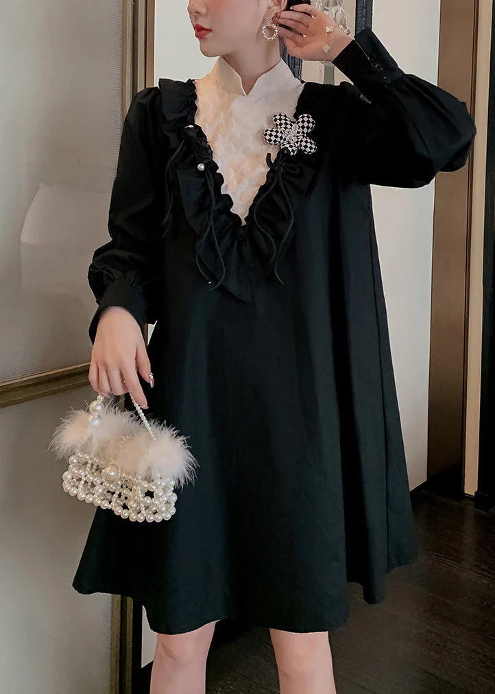 Classy Black Stand Collar Patchwork Bow Cotton Mid Dresses Long Sleeve - republicanstateiClassy Black Stand Collar Patchwork Bow Cotton Mid Dresses Long Sleeve - republicanstatei