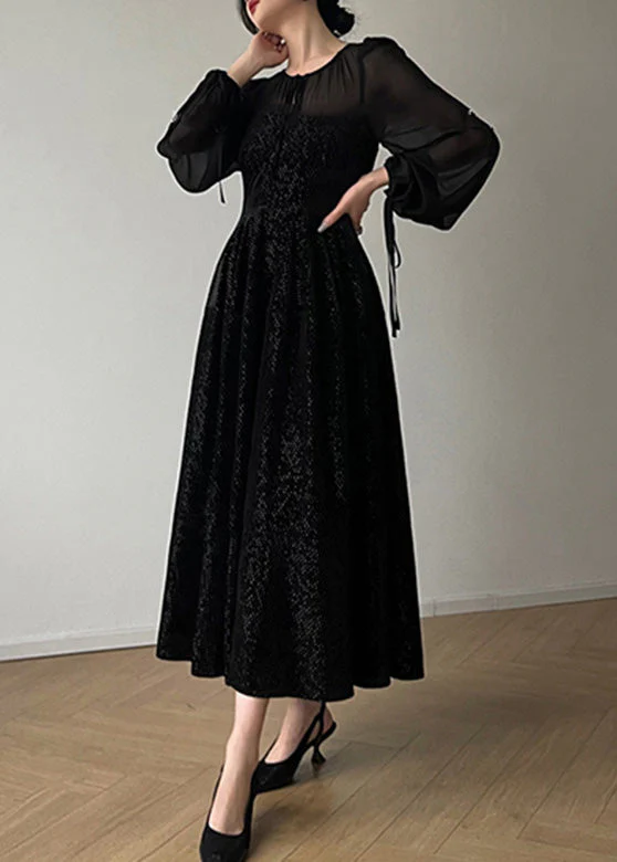 Vintage Black O-Neck Tulle Drawstring Patchwork Velour Long Dresses Long Sleeve - republicanstateiVintage Black O-Neck Tulle Drawstring Patchwork Velour Long Dresses Long Sleeve - republicanstatei