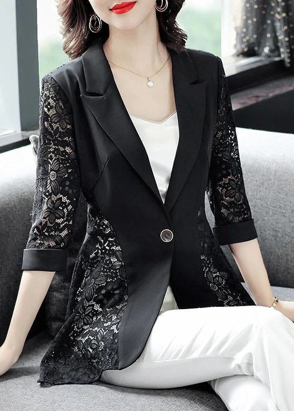 Stylish Black Notched Collar Lace Patchwork Hollow Out Spandex Coats Summer - republicanstateiStylish Black Notched Collar Lace Patchwork Hollow Out Spandex Coats Summer - republicanstatei