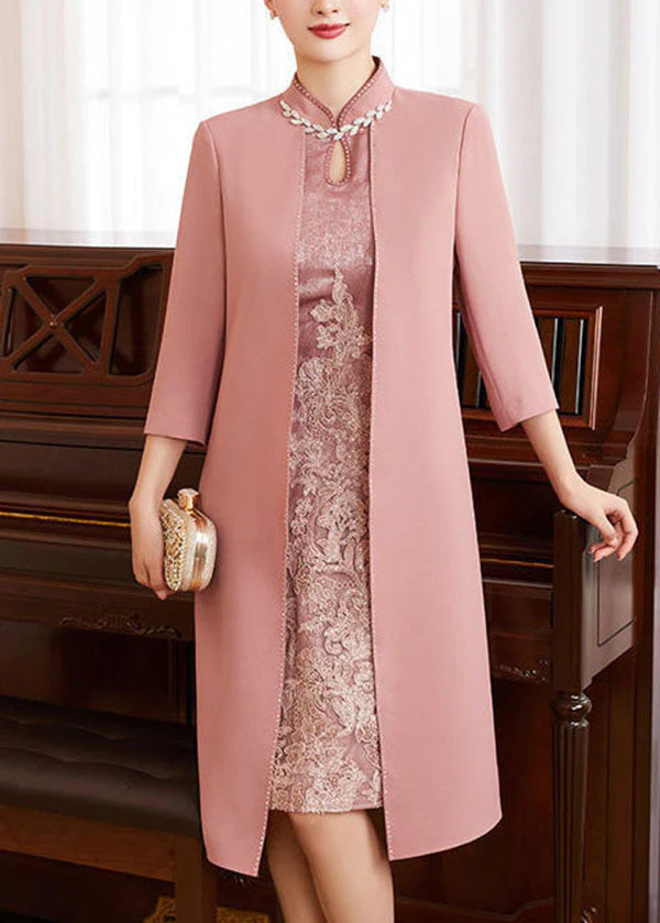 French Pink Stand Collar Embroideried Patchwork Zircon Silk Cheongsam Dresses Long Sleeve - republicanstateiFrench Pink Stand Collar Embroideried Patchwork Zircon Silk Cheongsam Dresses Long Sleeve - republicanstatei