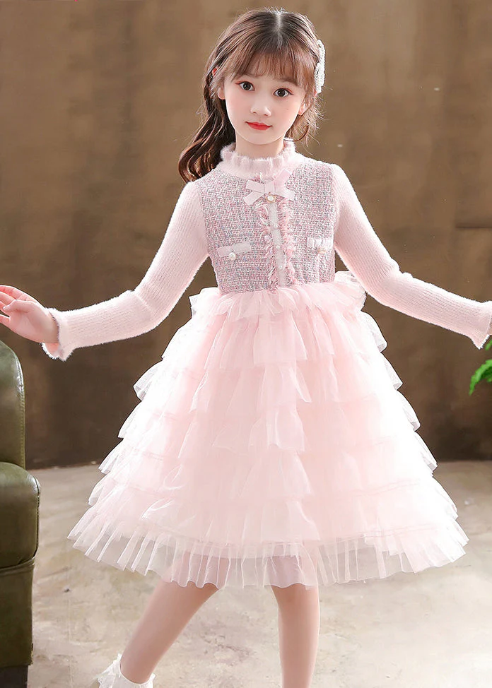 Elegant Pink Turtleneck Knit Patchwork Tulle Kids Vacation Mid Dresses Long Sleeve - republicanstateiElegant Pink Turtleneck Knit Patchwork Tulle Kids Vacation Mid Dresses Long Sleeve - republicanstatei