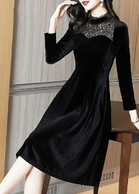 Slim Fit Black Stand Collar Lace Patchwork Silk Velour Party Dress Spring - republicanstateiSlim Fit Black Stand Collar Lace Patchwork Silk Velour Party Dress Spring - republicanstatei