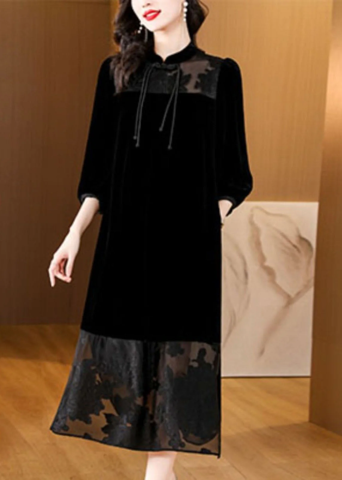 Loose Black Tulle Patchwork Side Open Silk Velour Dress Bracelet Sleeve - republicanstateiLoose Black Tulle Patchwork Side Open Silk Velour Dress Bracelet Sleeve - republicanstatei