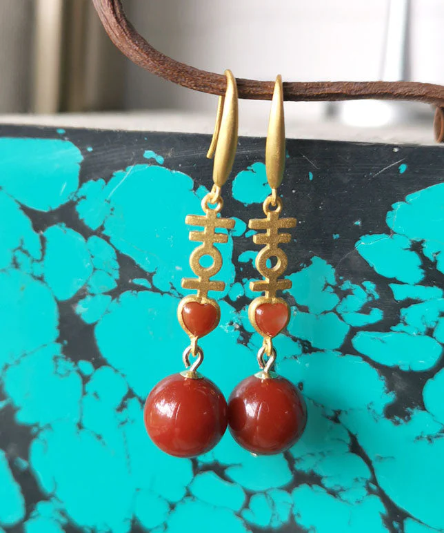 Elegant Red Cinnabar Sterling Silver Inlaid Agate Double Happiness Drop Earrings - republicanstateiElegant Red Cinnabar Sterling Silver Inlaid Agate Double Happiness Drop Earrings - republicanstatei