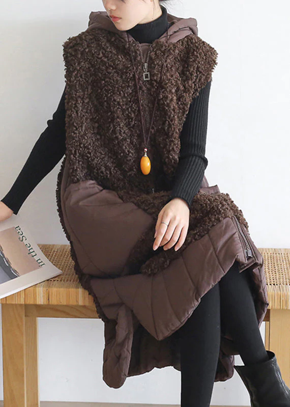 Plus Size Chocolate Colour Zippered Pockets Woolen Cotton Hooded Waistcoat Sleeveless - republicanstateiPlus Size Chocolate Colour Zippered Pockets Woolen Cotton Hooded Waistcoat Sleeveless - republicanstatei