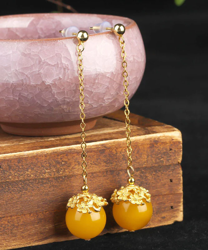 Stylish Yellow Sterling Silver Overgild Amber Beeswax Ball Drop Earrings - republicanstateiStylish Yellow Sterling Silver Overgild Amber Beeswax Ball Drop Earrings - republicanstatei