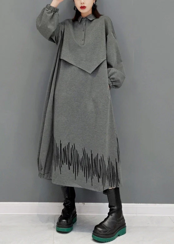 French Grey Peter Pan Collar Patchwork Button Maxi Dresses Long Sleeve - republicanstateiFrench Grey Peter Pan Collar Patchwork Button Maxi Dresses Long Sleeve - republicanstatei