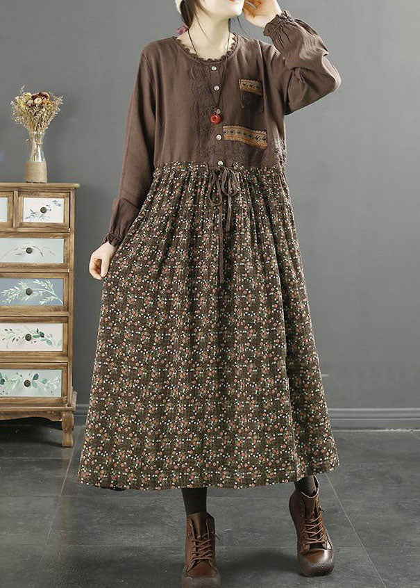 Coffee Print Patchwork Cotton Long Dress Drawstring O Neck Lace Spring - republicanstateiCoffee Print Patchwork Cotton Long Dress Drawstring O Neck Lace Spring - republicanstatei