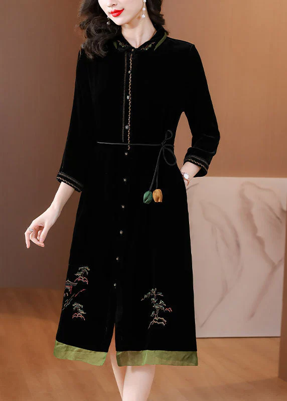 Vogue Black Peter Pan Collar Embroidered Tie Waist Silk Velour Vacation Dresses Fall - republicanstateiVogue Black Peter Pan Collar Embroidered Tie Waist Silk Velour Vacation Dresses Fall - republicanstatei
