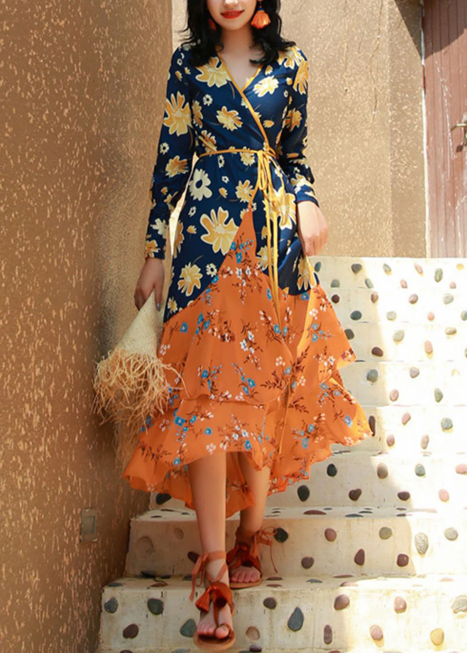 Italian Colorblock Ruffled Print Lace Up Patchwork Chiffon Dresses Fall - republicanstateiItalian Colorblock Ruffled Print Lace Up Patchwork Chiffon Dresses Fall - republicanstatei