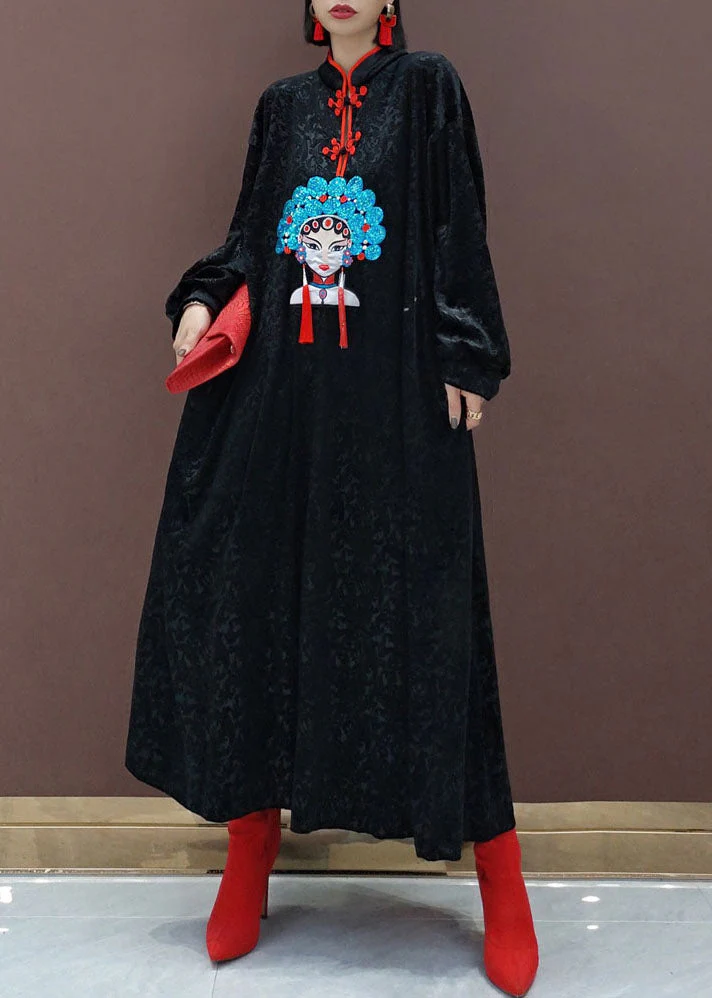 Chinese Style Black Stand Collar Embroidered Silk Velour Maxi Dresses Long Sleeve - republicanstateiChinese Style Black Stand Collar Embroidered Silk Velour Maxi Dresses Long Sleeve - republicanstatei