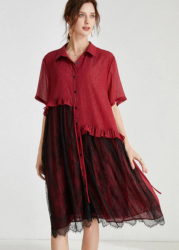 Fashion Red Peter Pan Collar Lace Patchwork Tasseled Chiffon Day Dress Spring - republicanstateiFashion Red Peter Pan Collar Lace Patchwork Tasseled Chiffon Day Dress Spring - republicanstatei