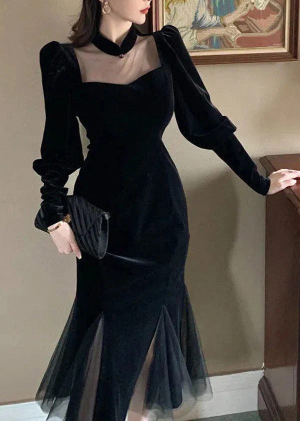 Style Black Stand Collar Wrinkled Patchwork Velour Dresses Puff Sleeve - republicanstateiStyle Black Stand Collar Wrinkled Patchwork Velour Dresses Puff Sleeve - republicanstatei