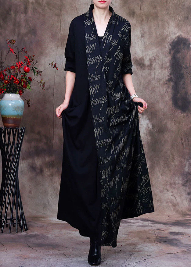 Fitted Black V Neck Patchwork Letter Print Cashmere Trench Long Sleeve - republicanstateiFitted Black V Neck Patchwork Letter Print Cashmere Trench Long Sleeve - republicanstatei