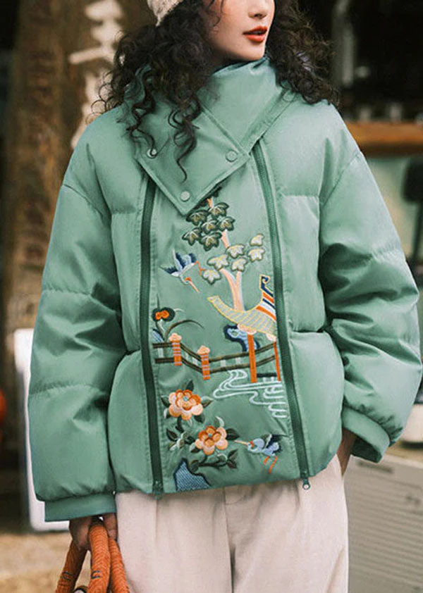 French Green Zippered Embroideried Fine Cotton Filled Parkas And Scarf Two Pieces Set Winter - republicanstateiFrench Green Zippered Embroideried Fine Cotton Filled Parkas And Scarf Two Pieces Set Winter - republicanstatei