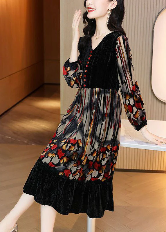 Stylish Black V Neck Patchwork Print Exra Large Hem Silk Velour Dress Spring - republicanstateiStylish Black V Neck Patchwork Print Exra Large Hem Silk Velour Dress Spring - republicanstatei