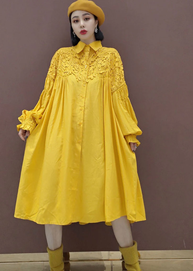 Stylish Yellow Puff Sleeve Peter Pan Collar lace Patchwork shirt Dress Spring - republicanstateiStylish Yellow Puff Sleeve Peter Pan Collar lace Patchwork shirt Dress Spring - republicanstatei