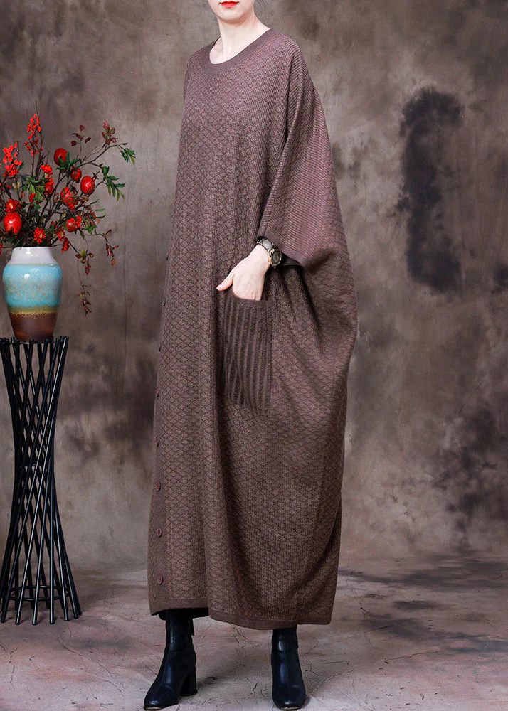 Women Light Chocolate O-Neck Button Pockets Cashmere Maxi Dress Long Sleeve - republicanstateiWomen Light Chocolate O-Neck Button Pockets Cashmere Maxi Dress Long Sleeve - republicanstatei