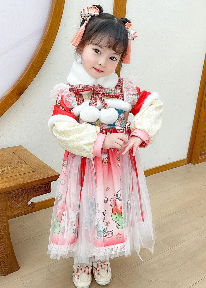 Lovely Steawberry Rabbit Print Patchwork Warm Fleece Kids Tulle Long Dress Long Sleeve - republicanstateiLovely Steawberry Rabbit Print Patchwork Warm Fleece Kids Tulle Long Dress Long Sleeve - republicanstatei