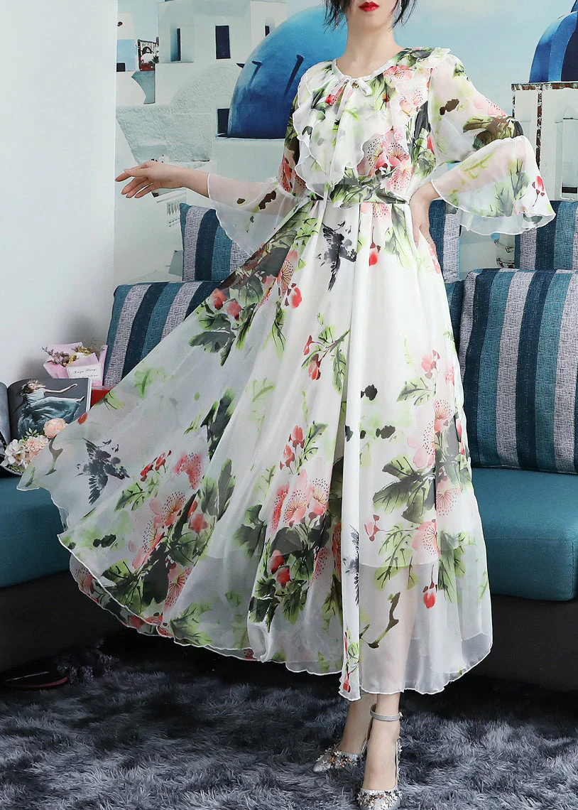 Chic White O-Neck Bow Print Ruffled Chiffon Long Beach Dresses Long Sleeve - republicanstateiChic White O-Neck Bow Print Ruffled Chiffon Long Beach Dresses Long Sleeve - republicanstatei
