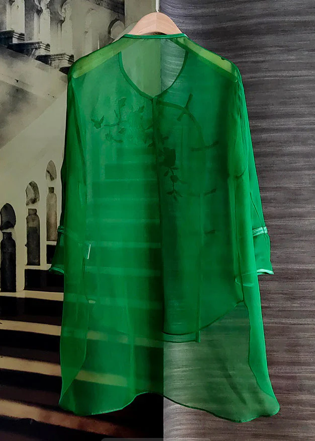 Organza Green O-Neck Embroideried Floral Low High Design Silk Mid Dress Long Sleeve - republicanstateiOrganza Green O-Neck Embroideried Floral Low High Design Silk Mid Dress Long Sleeve - republicanstatei